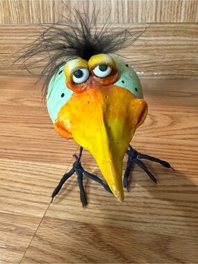 Cute quirky bird is”Jen's Wild Gourds”green large gourd body,bright yellow beak